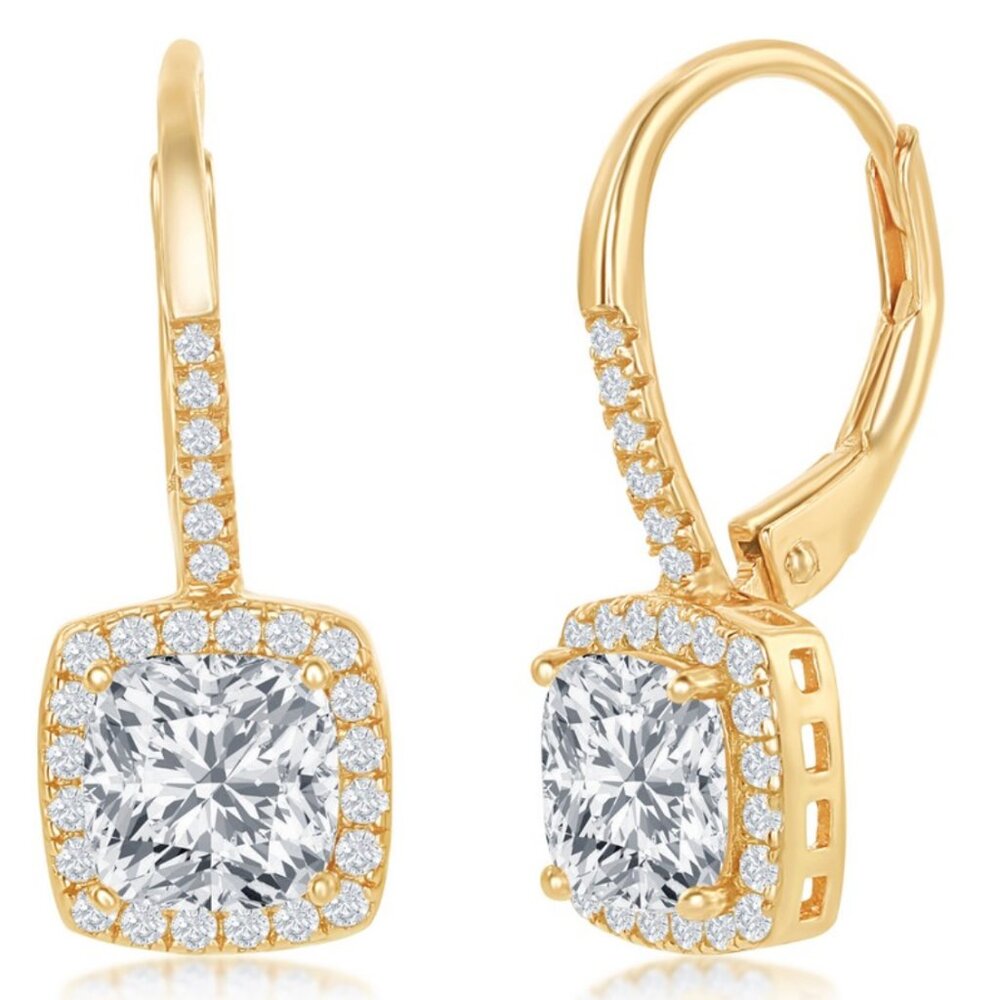 Gold Plated Sterling Silver Cushion Cubic Zirconia Dangle Earrings